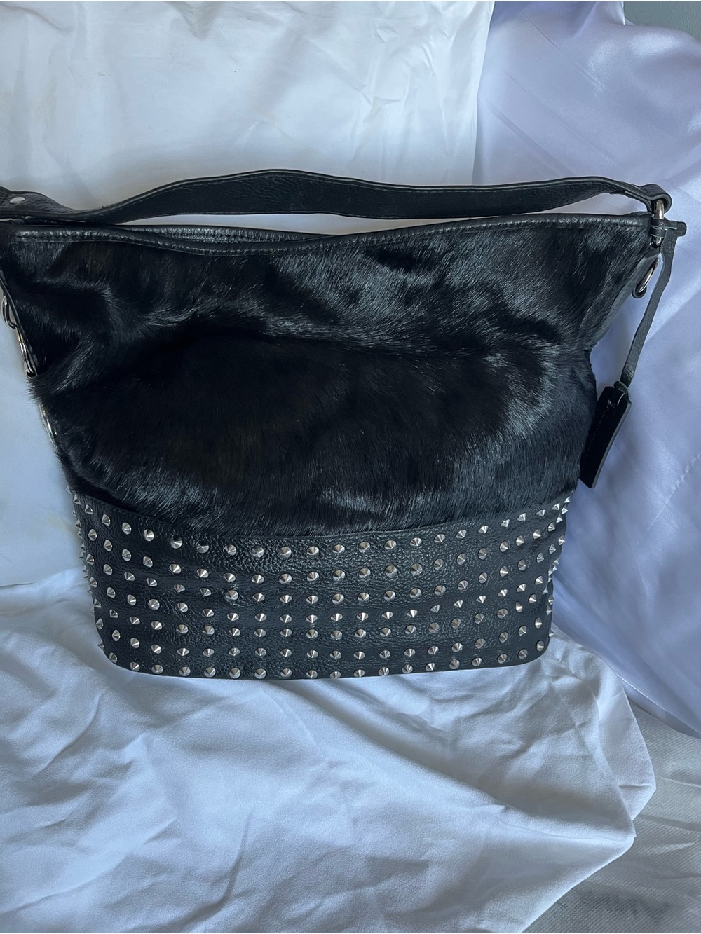 Aqua Madonna Black Smooth Genuine Leather and Longhair Cowhide with Silver Studs